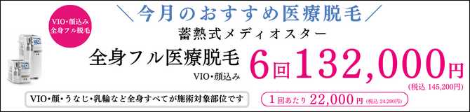 人気の医療レーザー脱毛 プレミアムパーフェクト メディオスター 6回総額132,000円(税込145,200円)  1回あたり22,000円(税込24,200円) 